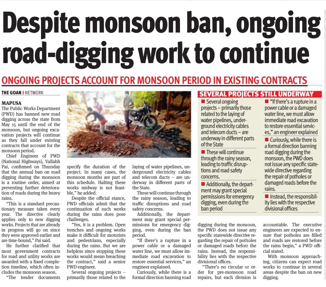 thegoanonline's tweet image. THE GOAN | Despite #monsoon ban, ongoing road-#digging work to continue

Read more: thegoan.net/goa-news/%EF%B…

#Goa #News #Headlines