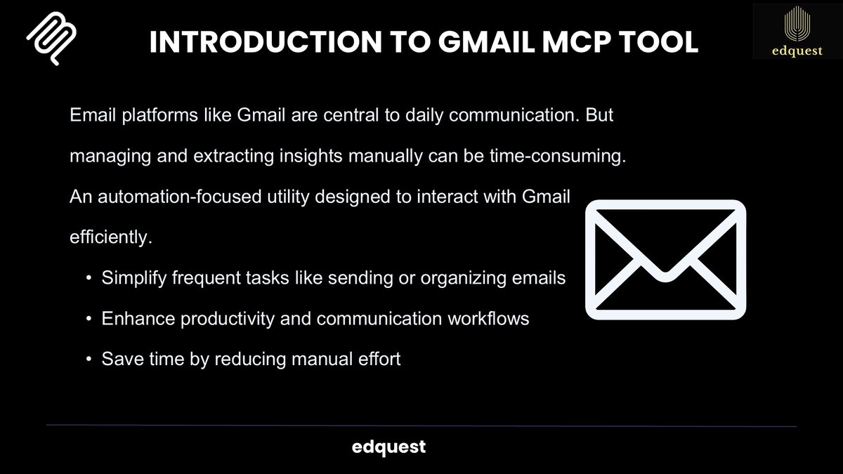 edquestofficial's tweet image. Explored MCP + Gmail API (create_draft, read_mail) for smart email agents.
LLMs now context-aware & action-ready in your inbox.
Scale for real-world AI systems.
📄Full doc: drive.google.com/file/d/12ryJAW…
📩 info@edquest.co.in
📲 +91-9467752177
#MCP #LLMs #GmailAPI #Automation #edquest