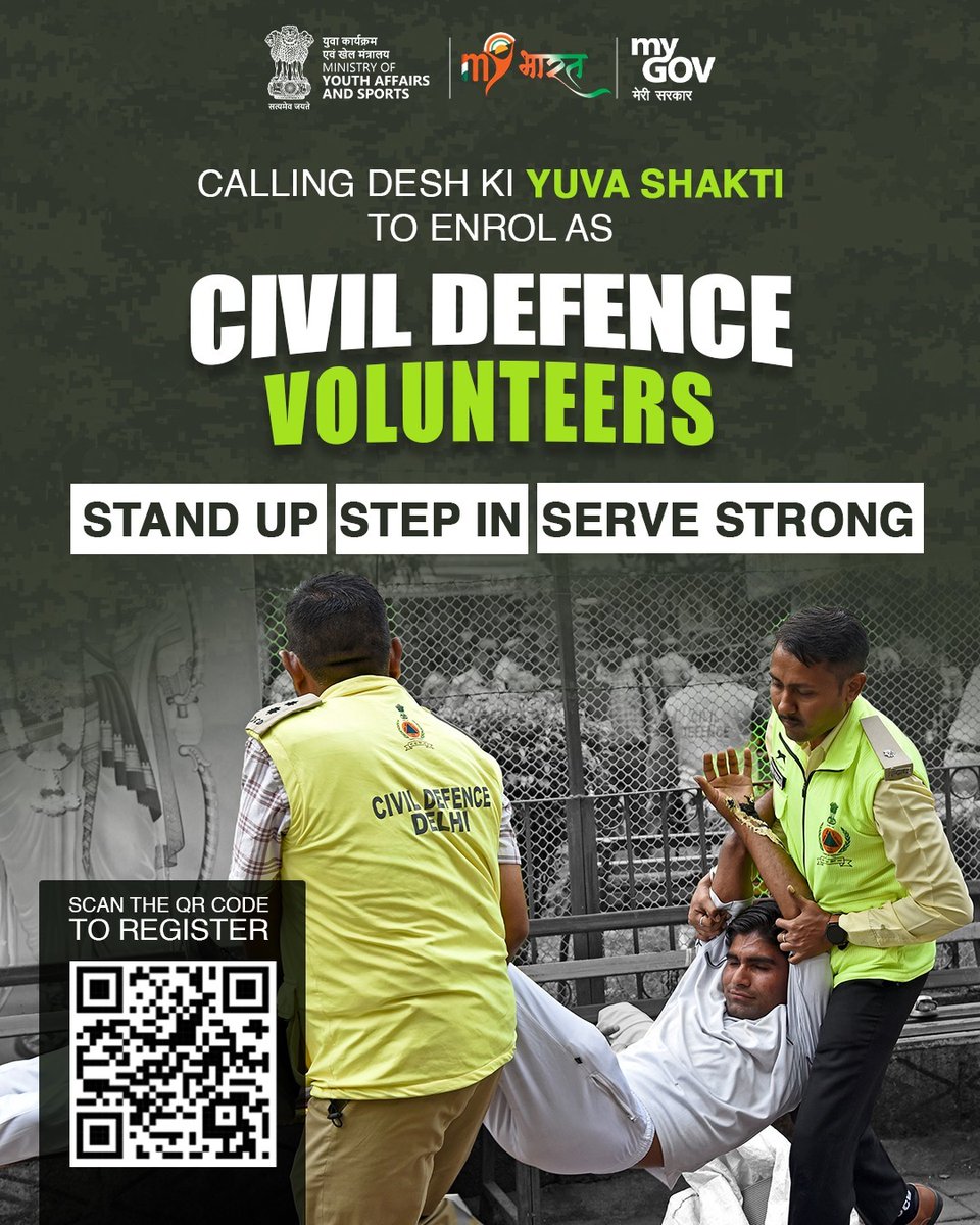 MyGovIndia (@mygovindia) on Twitter photo Yuva Shakti, it’s your time to rise!
Become a Civil Defence Volunteer — be the strength the nation counts on.
📲 Visit mybharat.gov.in or scan the QR code to register!
#CivilDefenceVolunteer
#MyBharat
#YuvaShakti
<a href="/YASMinistry/">YAS Ministry</a>
<a href="/mybharatgov/">Mera Yuva Bharat - MY Bharat</a> Yuva Shakti, it’s your time to rise!
Become a Civil Defence Volunteer — be the strength the nation counts on.
📲 Visit mybharat.gov.in or scan the QR code to register!
#CivilDefenceVolunteer
#MyBharat
#YuvaShakti
<a href="/YASMinistry/">YAS Ministry</a>
<a href="/mybharatgov/">Mera Yuva Bharat - MY Bharat</a>