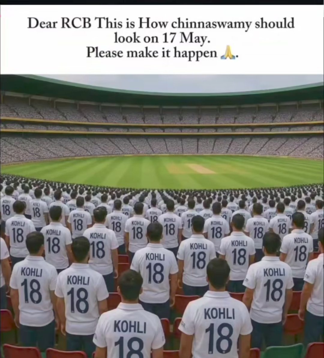 reenu26451's tweet photo. On 17th May at Chinnaswamy Stadium, let’s honor Virat Kohli’s Test career!

Fans are requested to wear white (India Test jersey or plain white tee) to create a White Ocean in the stadium.

Virat Kohli retired from Test cricket on 12th May 2025 after 14 glorious years.

Join this special tribute and celebrate the legend!

#ViratKohli #TestTribute #RCBvsKKR #WhiteOcean #Chinnaswamy