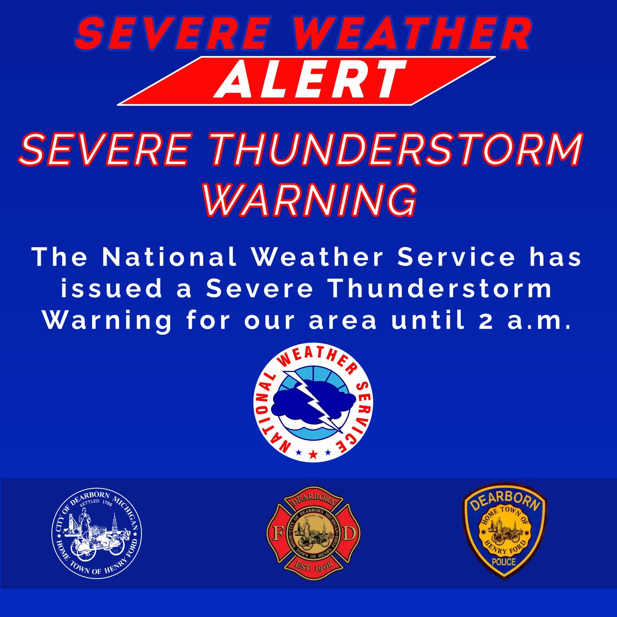 The National Weather Service has issued a Severe Thunderstorm Warning for our area until 2 a.m.

Please monitor changing weather conditions.