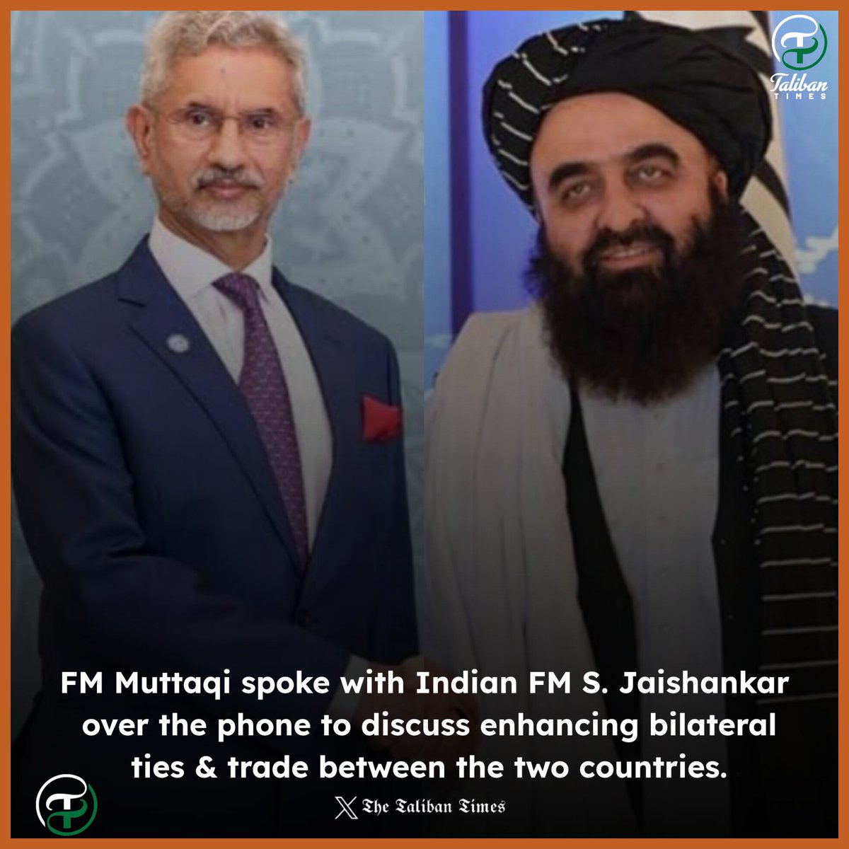 ⚡️Afghan FM Muttaqi spoke with #Indian FM S. Jaishankar over the phone to discuss enhancing bilateral ties &amp; trade between the two countries discussed the enhancement of the interim government's diplomatic presence in India, among other topics.
#Taliban_times #Afghanistan