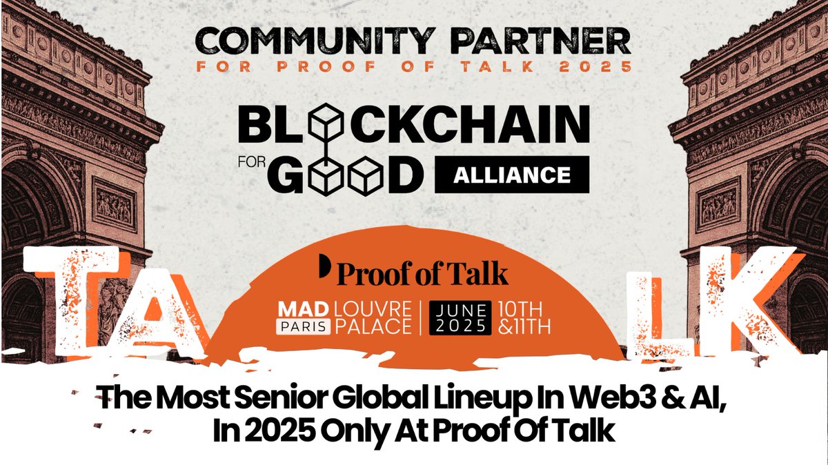ChainforGood's tweet photo. We’re excited to announce that @ChainforGood is an official community partner for @proofoftalk 2025, taking place June 10–11 at the Louvre Palace in Paris — one of the most iconic venues in the world. ✨ 

This is shaping up to be the #1 networking event in Web3 and AI — bringing together 120+ top speakers, 100+ investors managing over $50B in AUM, and leaders from Solana, Chainlink, Aave, Aptos, TRON, Mastercard, and more.  

🎟️ As part of our partnership, we’re sponsoring 5 tickets to the groundbreaking conference for our valued community members. 
🔗 To enter the giveaway, simply fill out the form: https://t.co/8hbmSHlS8L 
The winners will be announced soon on our channels.  

Whether you’re a founder, builder, investor, or just deeply curious about the future of Web3 and AI — this is your chance to be in the room where the most important conversations happen.  

The BGA team will be there — will you?  

#BGA #ProofOfTalk #PoT25