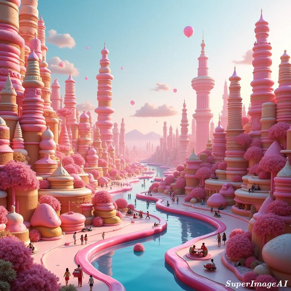 materai_tempel's tweet image. Welcome to a dreamy city of the future—where towering buildings are made of cake, winding roads of candy, and rivers flow with sweet syrup. A fantasy land bursting with color, flavor, and joy! @Baldysatelit
@Arky_ki 
#SuperImageAI @SuperImageAI