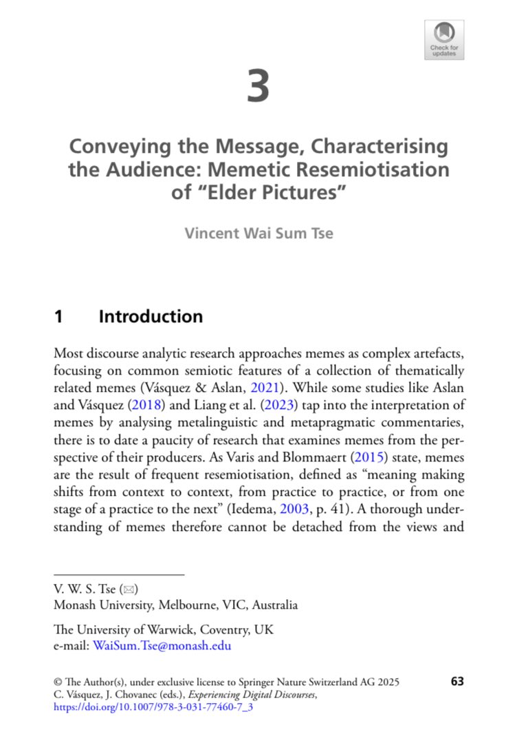 My “elder pictures” chapter is now published: link.springer.com/chapter/10.100…
I want to thank Professor Camilla Vásquez and Professor Jan Chovanec for inviting me to contribute to this important edited volume. I’m honoured to be among many established digital discourse scholars!