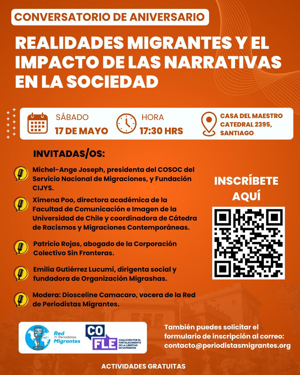 🟠17:30 hrs| CONVERSATORIO: Realidades migrantes y el impacto de las narrativas en la sociedad. Con invitadas/os del COSOC SERMIG, la Facultad de Comunicación e Imagen de la U. de Chile, el Colectivo Sin Fronteras, y Migrashas. 📲INSCRÍBETE AQUÍ: 🔗forms.gle/ANUFwB4edUe7r7…