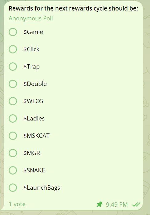 New rewards poll is up and will run for ~12hrs to determine our next token for our rewards cycle! Vote for your favorite launchpad token/community over at $LaunchBags

TG: t.me/LaunchBags
CA: 4H23nhQX2Mm4xgTsx7xvNKUJ8RhmxGSxuKRgBfGHB9Xw

#Genie #Click #Trap #Double #WLOS