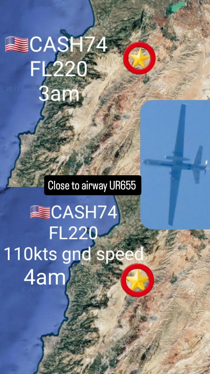 LebanonJets's tweet photo. Early 2am start for #USAF MQ-9 callsign #CASH74 over Lebanon this morning at FL220 110-120kts groundspeed, same routine over the north getting in conflicts with one of the main airways (UR655) by 9/10am will head south til sunset https://t.co/bMqvQ6CysD