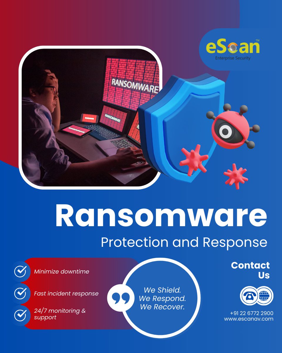 escan_tweet's tweet image. 🚨 Don’t Let Ransomware Hold You Hostage! 🛡️
Is your business prepared for the next ransomware attack? With cyber threats evolving daily, eScan Ransomware Protection and Response is your ultimate defense!
👉 Learn More: bit.ly/3GAyXJM
#RansomwareProtection #CyberSecurity