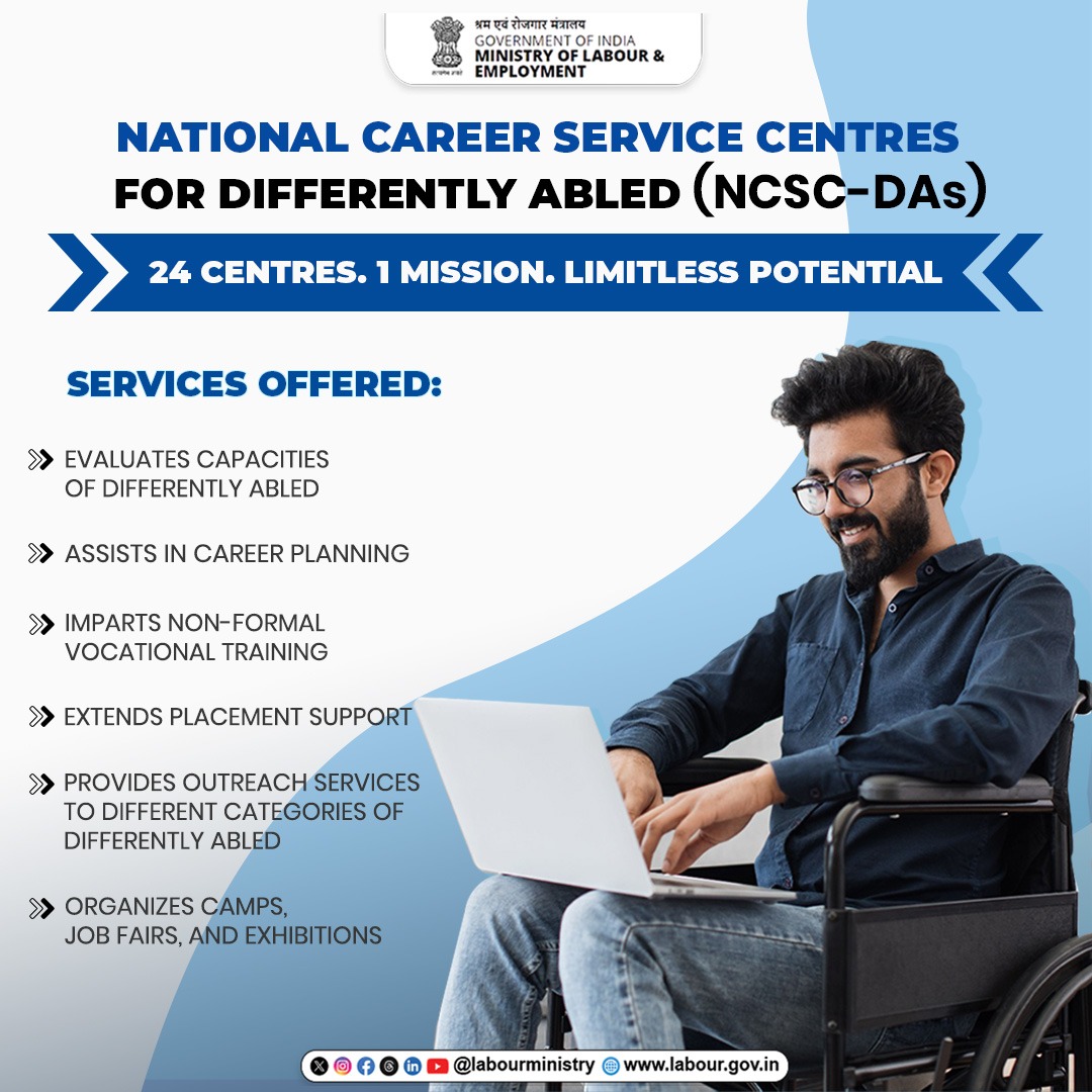 LabourMinistry's tweet photo. National Career Service is committed to support job seekers of all abilities. Since 1968, the National Career Service for Differently abled (NCSC-DAs) have been transforming lives,(1/2) https://t.co/bnqQdyo4Q4