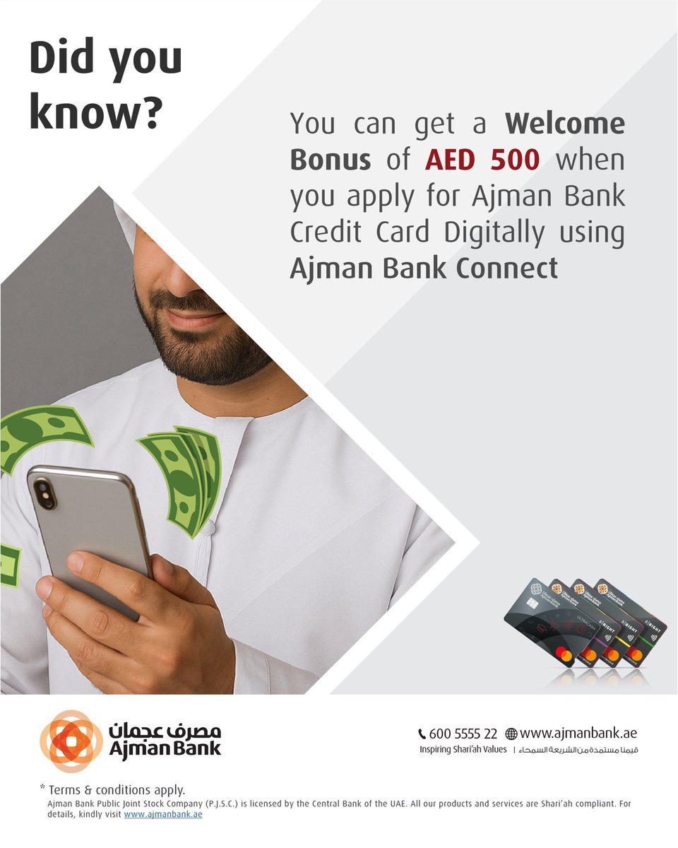 ajmanbank's tweet photo. استمتع بمكافأة ترحيبية قدرها 500 درهم! قدّم طلبك للحصول على بطاقة الائتمان من مصرف عجمان عبر تطبيق مصرف عجمان الرقمي.
Enjoy a AED 500 Welcome Reward! Apply online for your Ajman Bank Credit Card through the Ajman Bank Connect.
#AjmanBank #CreditCardOffer #WelcomeBonus #UAEDeals https://t.co/NfxYpD75pV
