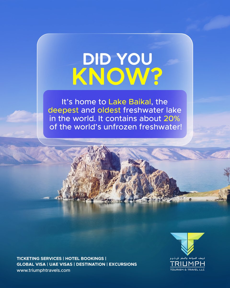 TravelsTriumph's tweet photo. "Discover the Wonders of the World! 🌏
 Lake Baikal, the deepest and oldest freshwater lake, is just one of the countless marvels awaiting you. 
 Adventure awaits – pack your bags today!
 .
 .
 .
 #TravelInspiration #HiddenGems #LakeBaikal #WorldWonders #TriumphToursAndTravels https://t.co/B8uXV9WUXn