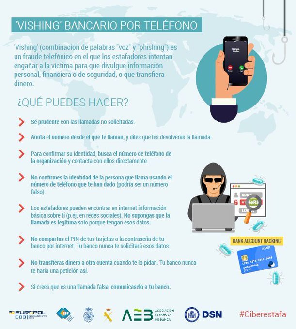 dsn's tweet image. #Vishing bancario por teléfono ➡️ ¿Qué es?¿Qué puedes hacer? #Ciberseguridad #Ciberestafa @EC3Europol