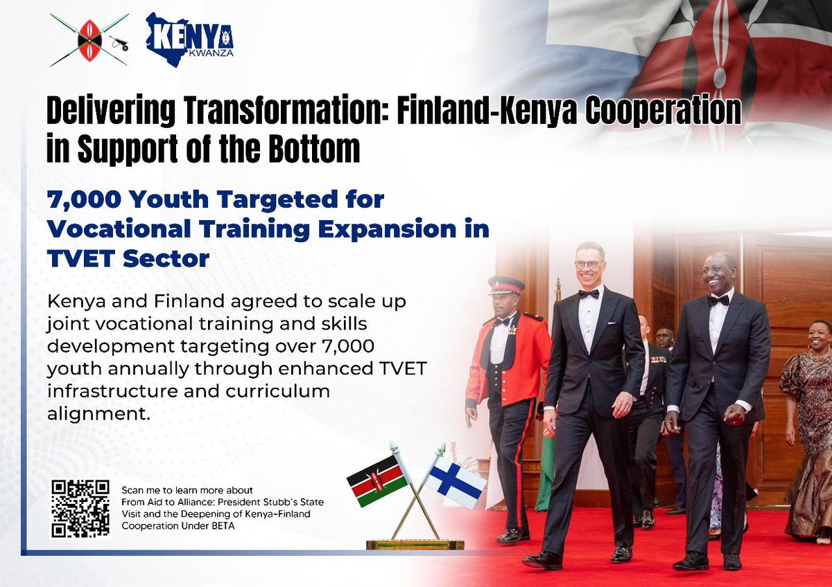 MRSMuruguu's tweet photo. The state visit by President Alexander Stubb of Finland reaffirmed Kenya’s strategic push to transform its education sector under the Bottom-Up Economic Transformation Agenda, with a focus on equity, innovation, and employability. 

Finland committed to deepening its support for Kenya’s education reforms through joint efforts in curriculum development, teacher training, vocational education, and digital inclusion. This partnership directly strengthens BETA goals by expanding access to market-relevant skills, boosting digital learning in rural and informal settlements, and bridging the education-to-employment gap. 

Finland is globally respected education model, especially in TVET and sustainability, is expected to enrich Kenya’s CBC rollout, enhance teacher capacity, and equip youth with practical skills aligned to emerging sectors such as green energy, ICT, and healthcare.