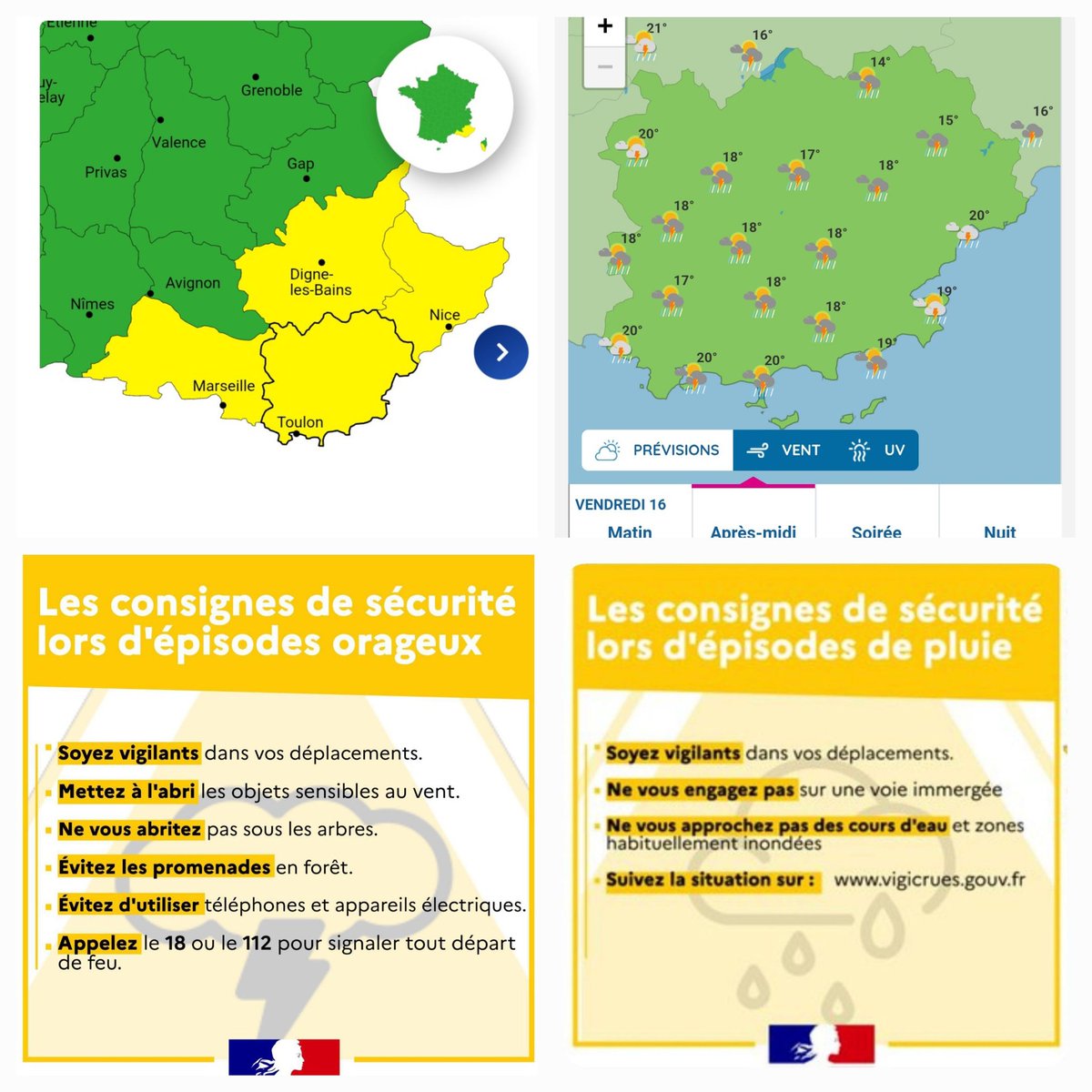#MÉTÉO83 | 🟡 Ce vendredi, Vigilance JAUNE dans le #Var à  partir de midi :
🌧 Pluie-inondation jusqu'à 19h
⚡️ Orages jusqu'à 21h
⚠️ Prudence lors de vos déplacements et vos activités sensibles au risque météo 
ℹ️ Restez informé 👉 vigilance.meteofrance.fr/fr/var