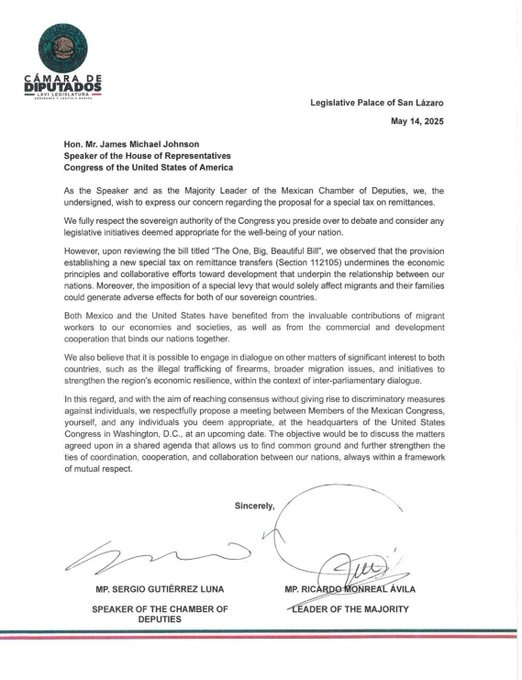 H. Cámara de Diputados (@mx_diputados) on Twitter photo El presidente de la Cámara de Diputados, <a href="/Sergeluna_S/">Sergio Gutz. Luna</a>, y el dip. <a href="/RicardoMonrealA/">Ricardo Monreal A.</a>, dirigieron una carta a <a href="/SpeakerJohnson/">Speaker Mike Johnson</a>, líder de la Cámara de Representantes en EE. UU. manifestando su inquietud sobre la iniciativa que busca gravar las remesas que envían las personas migrantes. El presidente de la Cámara de Diputados, <a href="/Sergeluna_S/">Sergio Gutz. Luna</a>, y el dip. <a href="/RicardoMonrealA/">Ricardo Monreal A.</a>, dirigieron una carta a <a href="/SpeakerJohnson/">Speaker Mike Johnson</a>, líder de la Cámara de Representantes en EE. UU. manifestando su inquietud sobre la iniciativa que busca gravar las remesas que envían las personas migrantes.