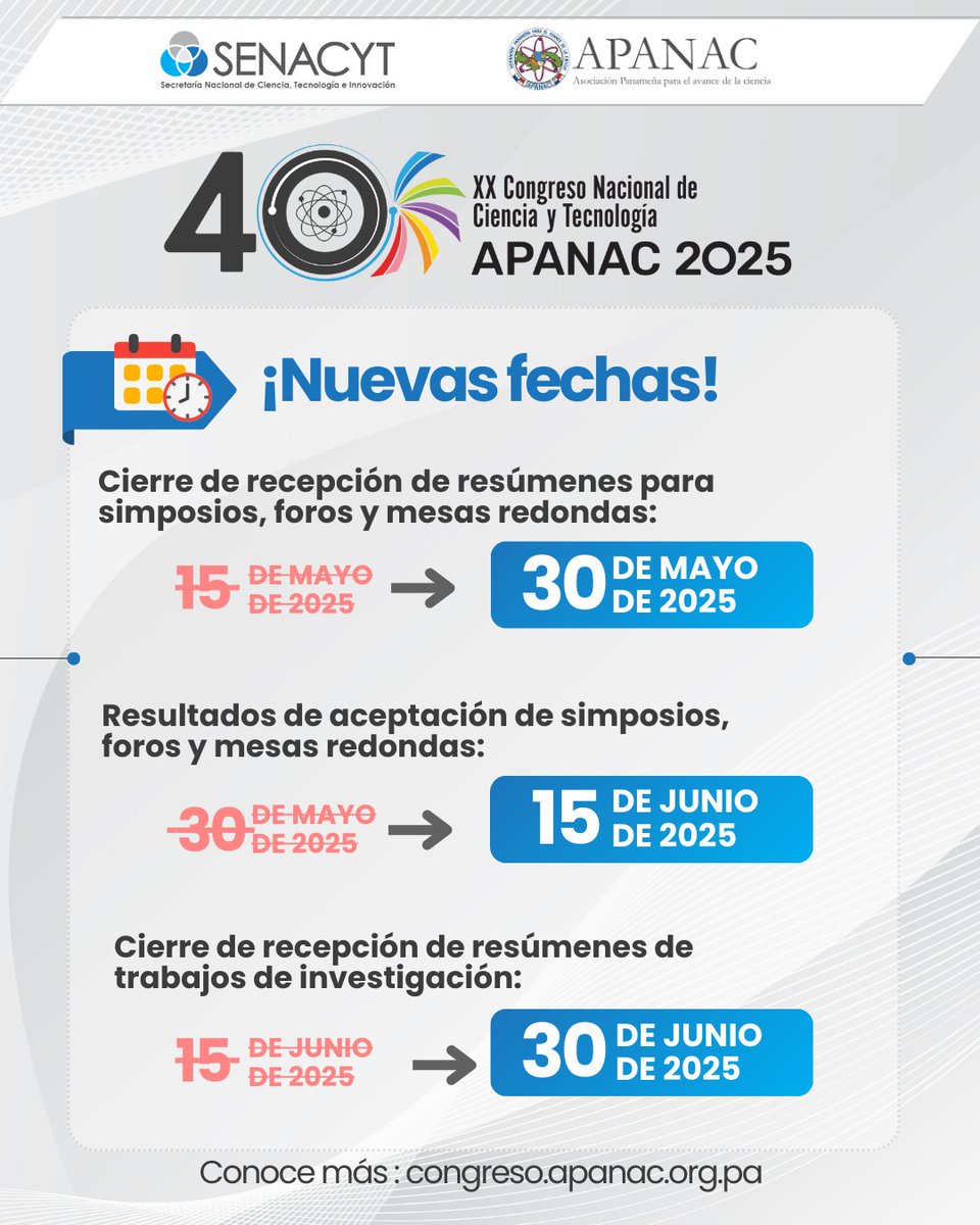 ¡Atención! Hemos extendido los plazos de participación en el congreso. Aprovecha esta oportunidad y participa en el congreso.
Más información en nuestro sitio web: congreso.apanac.org.pa
#apanac #cienciaenpanama #congresocientífico