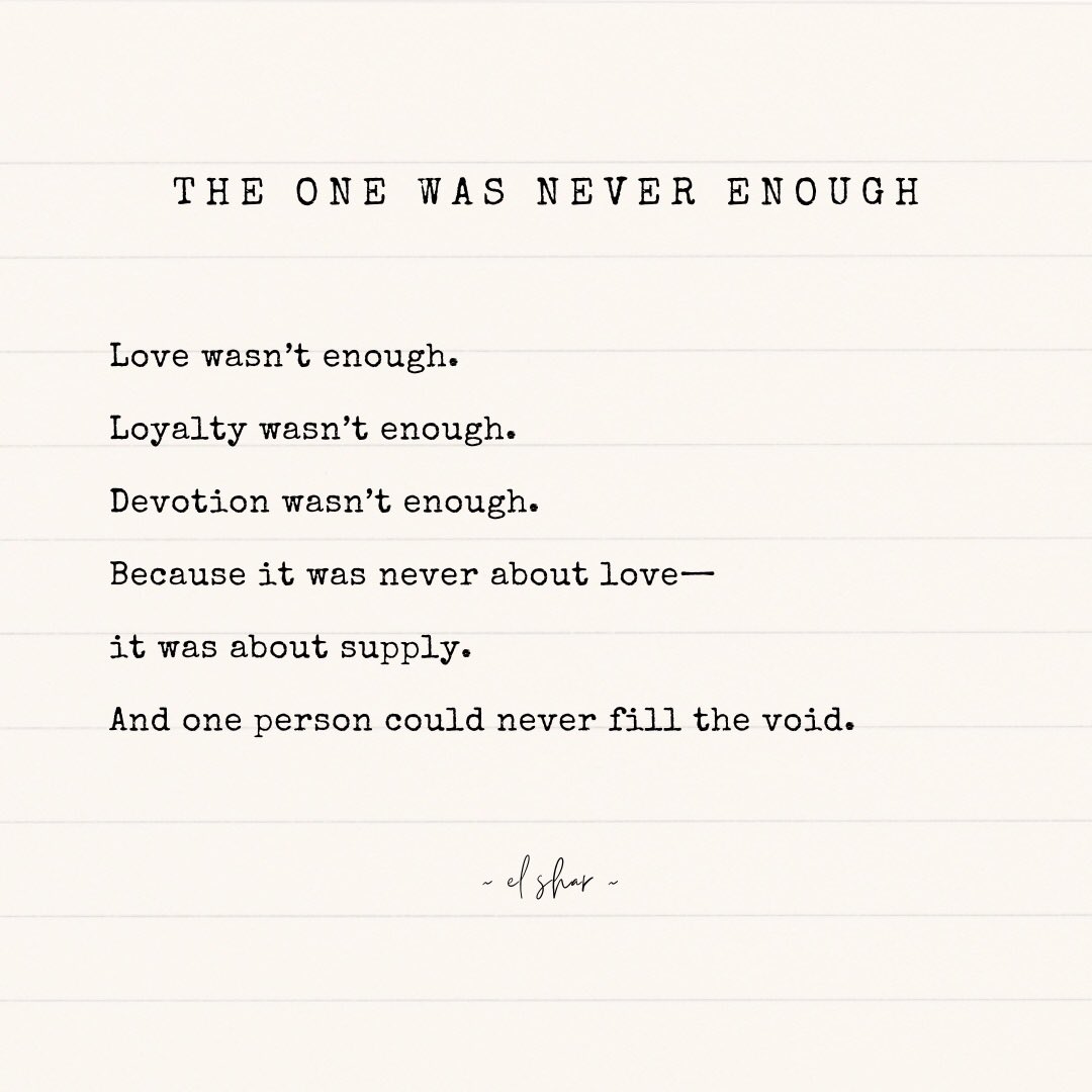 SheLeftForHer's tweet photo. Because He Needed an Audience

A narcissist will always need more, because nothing will ever be enough.

#Breakup #HealingJourney #Poem #Poetry #Narcissist #Trauma #WritersOfTwitter #WritingCommunity https://t.co/H7KBqre6tY