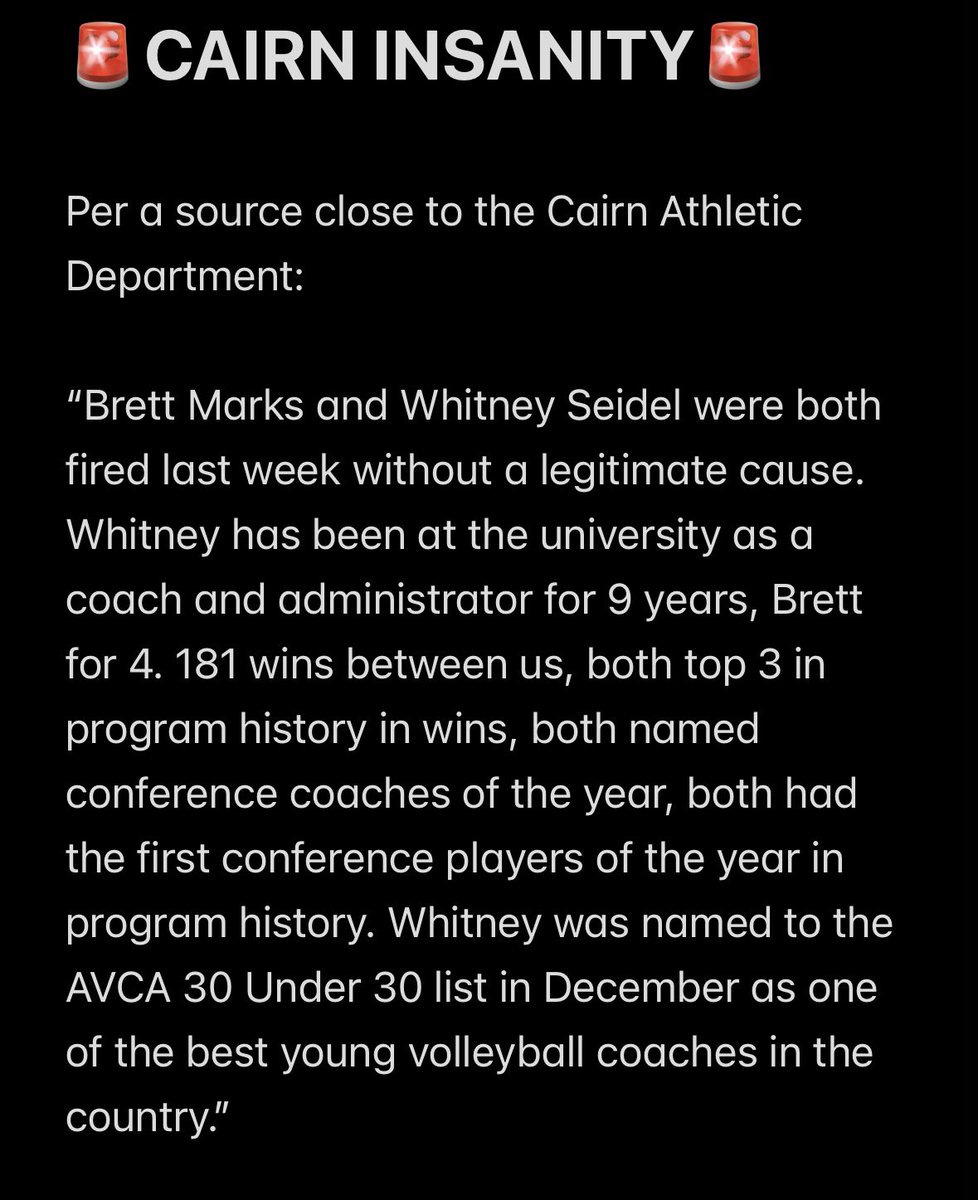 🚨CAIRN INSANITY CONTINUES🚨

Along with Coach Marks and the baseball team, the rug pull continues with Coach Whitney Seidel and the women’s volleyball team:

<a href="/CairnBaseball/">Cairn Baseball</a> 
<a href="/CairnWVB/">Cairn Women's Volleyball</a> 
<a href="/CairnAthletics/">Cairn Highlanders</a>