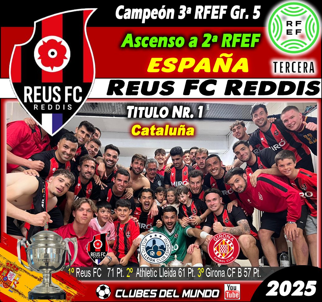 ClubsDelMundo's tweet photo. El REUS FC REDDIT logra un histórico Ascenso a la 2ª FEDERACIÓN Española  como Campeón del Gr.5 de la 3ª RFEF. Enhorabuena a los rojinegros. #Reus #ReusFCReddit #Cataluna #RFEF2 #RFEF3 #TerceraRFEF #SegundaRFEF #TerceraFederacion #SegundaFederacion #Catalunya @ReusFCR https://t.co/Fqyc2y3Ttq