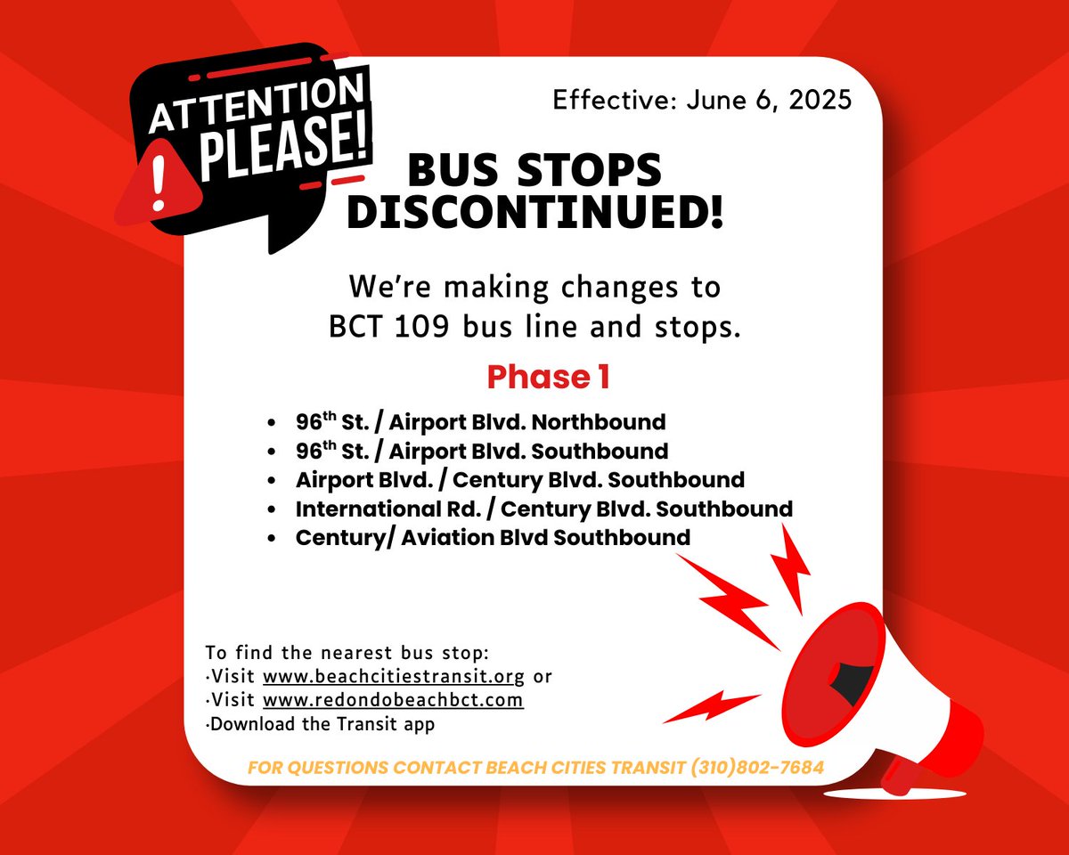 RedondoBeachBCT's tweet photo. With the new Metro Transit Center opening, BCT will be making some adjustments with Line 109.
Details: https://t.co/5avGKZf12w https://t.co/q6gPSYsvm4