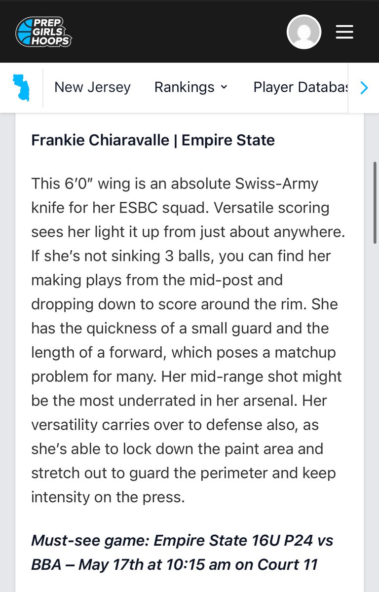 frankie Chiaravalle (@frankiechia8) on Twitter photo Thank you <a href="/EJayArrow/">E J 🏀</a> and <a href="/PrepGirlsHoops/">Prep Girls Hoops 🏀</a> for the recognition!
<a href="/Derek_A1779/">Derek</a> <a href="/CoachHackett31/">Coach Hackett</a> <a href="/ESBC_BlueFlames/">Empire</a> <a href="/NYGHoops/">NYGHoops</a> Thank you <a href="/EJayArrow/">E J 🏀</a> and <a href="/PrepGirlsHoops/">Prep Girls Hoops 🏀</a> for the recognition!
<a href="/Derek_A1779/">Derek</a> <a href="/CoachHackett31/">Coach Hackett</a> <a href="/ESBC_BlueFlames/">Empire</a> <a href="/NYGHoops/">NYGHoops</a>
