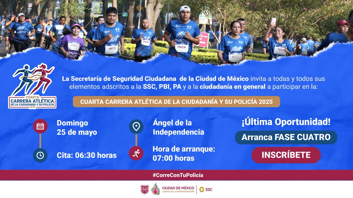 SSC_CDMX's tweet photo. ¡Corredores listos, a partir de hoy se abren nuevamente inscripciones! ⏰

La #CuartaFase de registro es tu última oportunidad para participar en la Cuarta #CarreraAtlética de la Ciudadanía y su #Policía, puedes inscribirte hoy. 🏃🏻‍♀️🏃🏻

🕚 ¡No te quedes fuera! Inicia a las 11:00 horas, hasta agotar la disponibilidad. 👇🏻

🌐 Registro en https://t.co/WmTT0n0ZCK