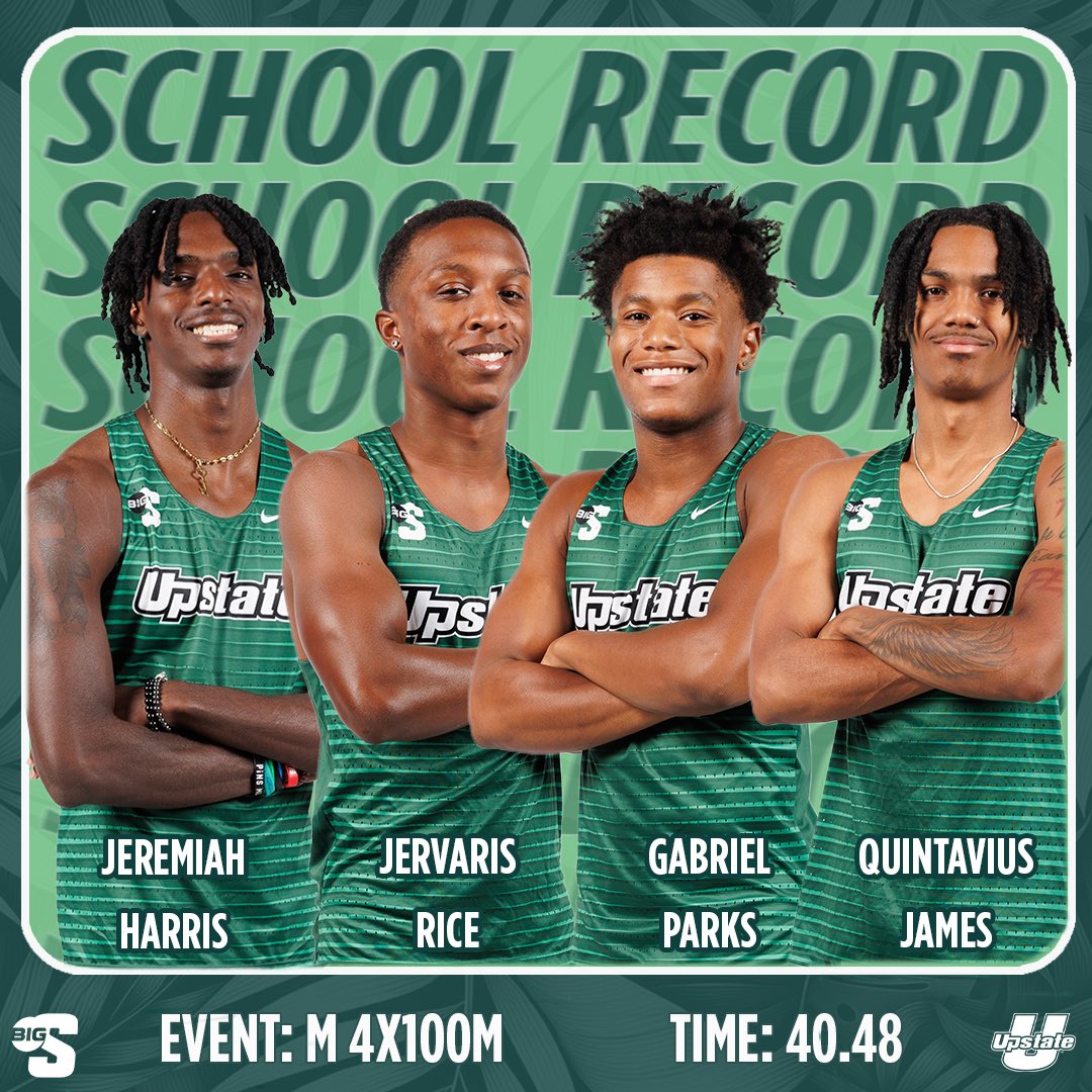 Our final school record broken in the Big South Outdoor Championship was the men’s 4x100m relay team of Jeremiah Harris, JerVaris Rice, Gabriel Parks, and Quintavius James!

#SpartanArmy ⚔️
