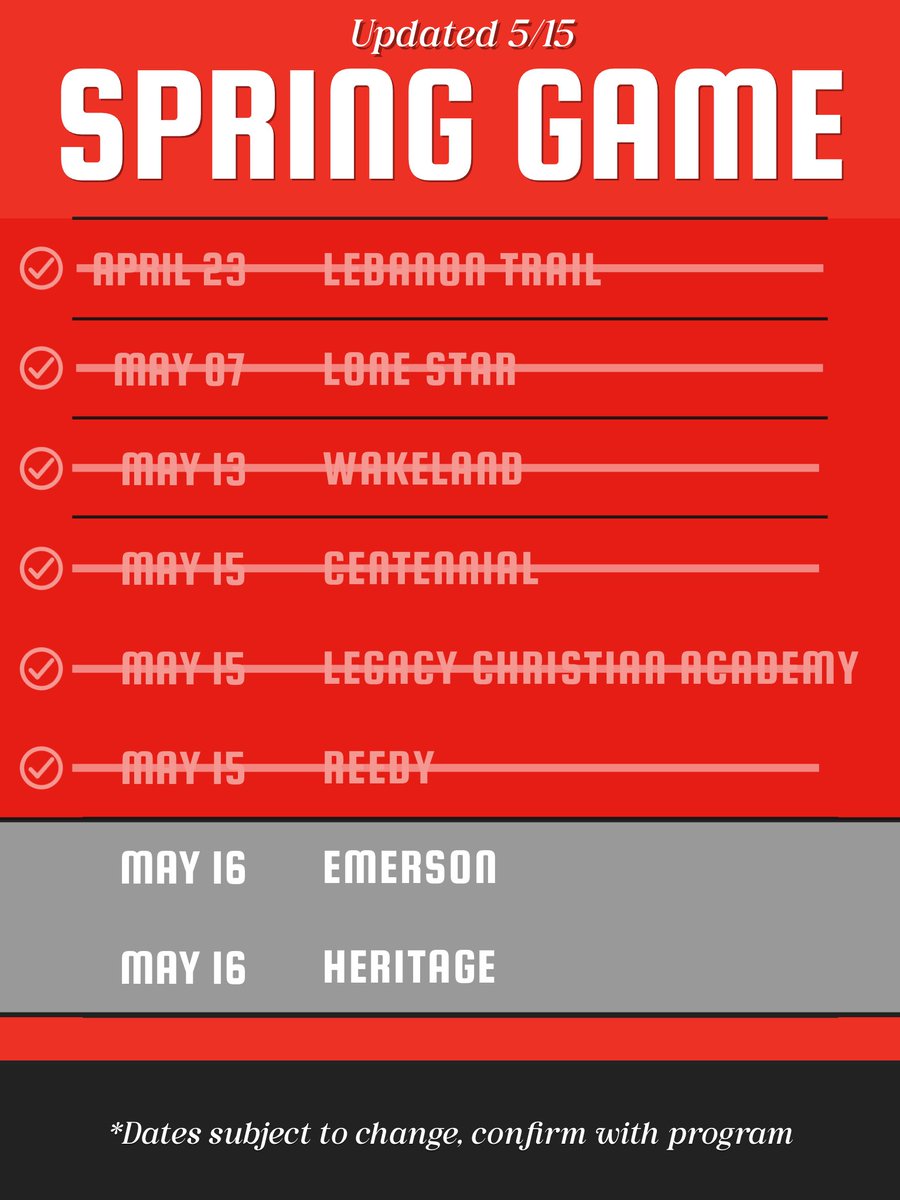 🏈 SPRING GAME: Next up…
EMERSON MAVS
HERITAGE COYOTES
<a href="/EHSMavsFB/">EmersonFB</a> <a href="/HHS_Coyote_FB/">Heritage Coyote Football</a> 

May 16th

Check w/ program for updates.