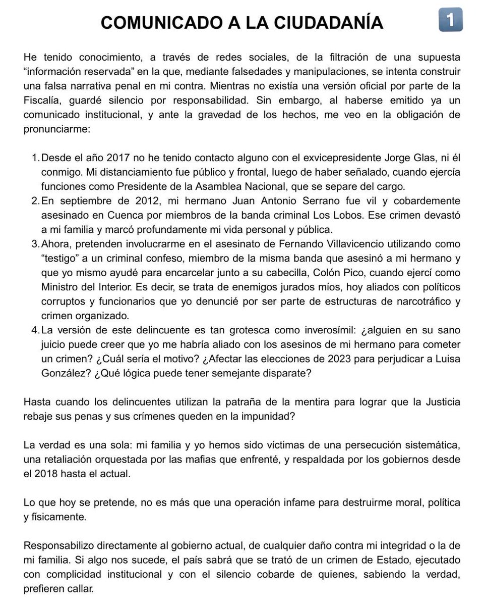 ecuainm_oficial's tweet photo. ‼️#URGENTE
Exministro del Interior, José Serrano, se pronuncia frente a filtración de supuesta información reservada que intentan involucrarlo en el asesinato de Fernando Villavicencio. https://t.co/g3GCBxncLB