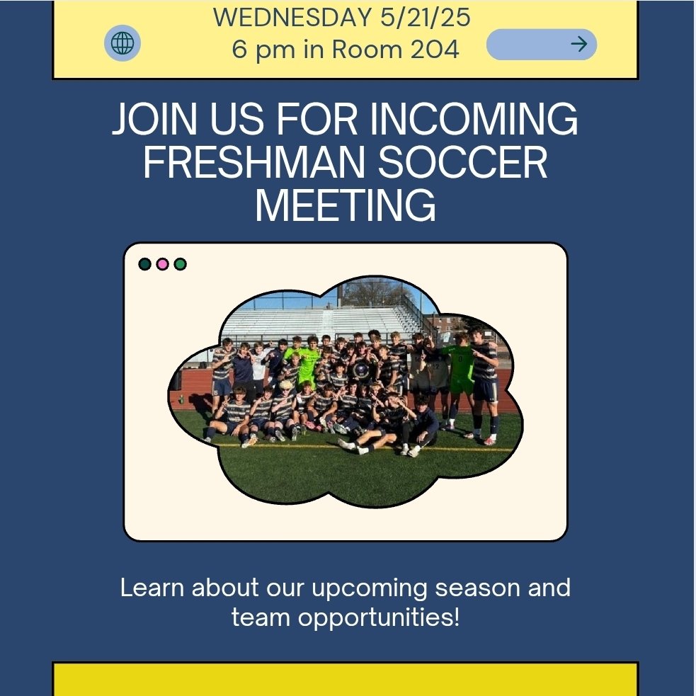 All incoming freshmen are invited to a meeting Wednesday at 6 pm in room 204. I will be going over all important information for the summer and preparing for the tryout process in August. If you can not make it to this meeting please reach out to me directly