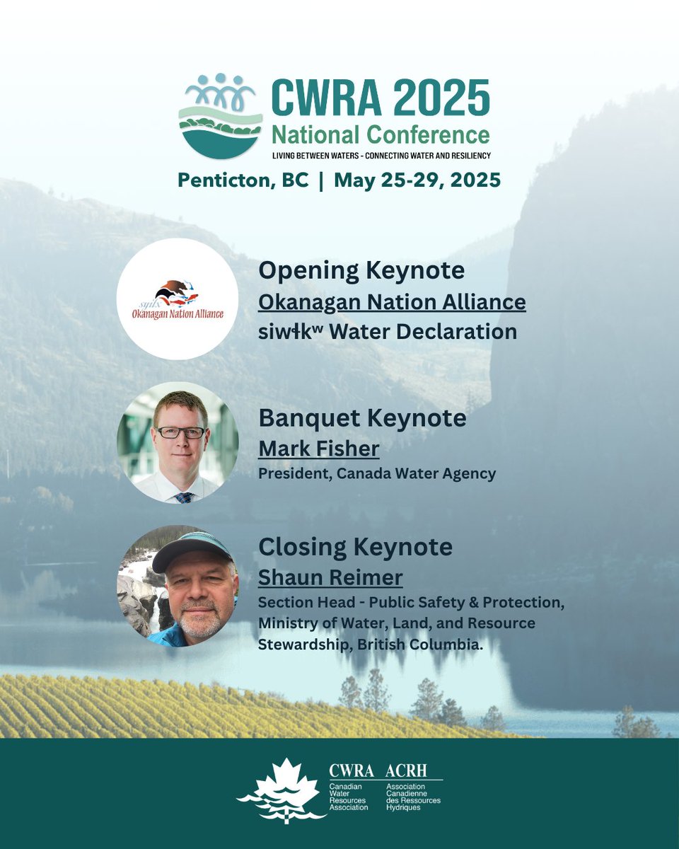 We’re thrilled to announce our incredible keynotes for #CWRA2025

Don’t miss the chance to hear from these distinguished leaders!

#KeynoteSpeakers #WaterResources #Penticton #ClimateChange #Leadership #SustainableWater #Conference #WaterPolicy