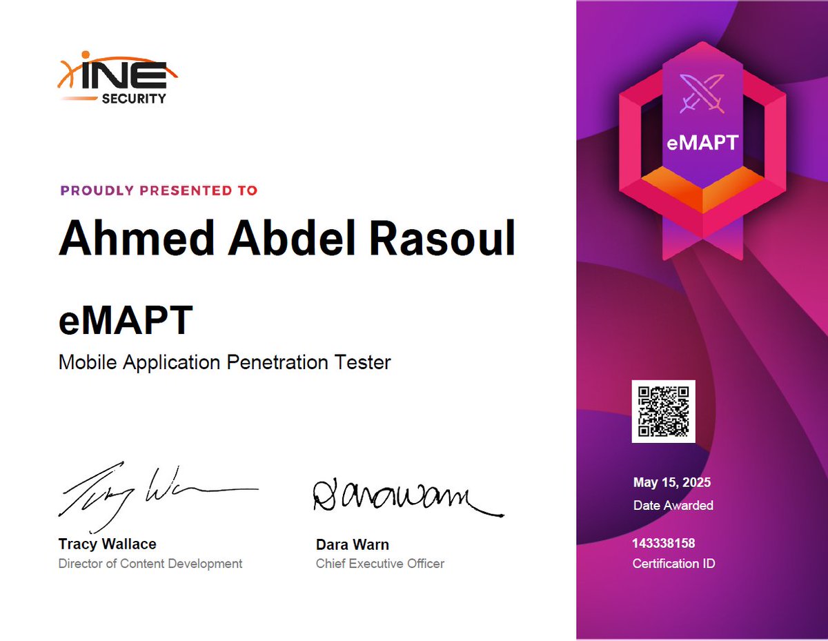 0xbartita's tweet image. I’m happy to share that I’ve obtained eMAPT
#INE #eLearnSecurity