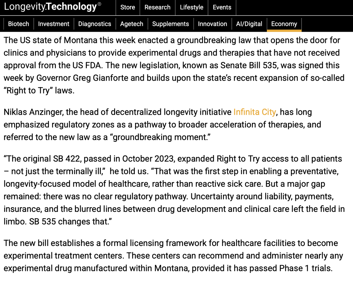 This is one of the most interesting pieces of legislation I've seen passed in a while: Montana has passed SB 535 which basically allows for patients to try any experimental drug that has passed a Phase 1 trial.