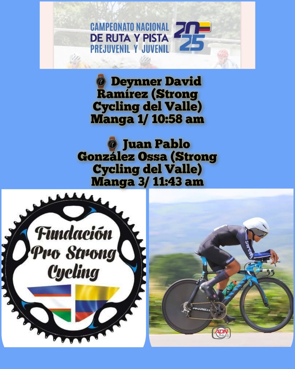 ProStrongValle's tweet photo. #CumpliendoSueños🇨🇴🚴‍♂️
#Nacionales2025🇨🇴🚴‍♂️

Orden de partida de nuestros 2 ciclistas este 16 de mayo en la CRI Juvenil Masculina del Campeonato Nacional en Pitalito Huila (18.4 km) (2 Vueltas de 9.2 km)

⌚️ Deynner David Ramírez (Strong Cycling del Valle) Manga 1/ 10:58 am https://t.co/cudwoWC4GB