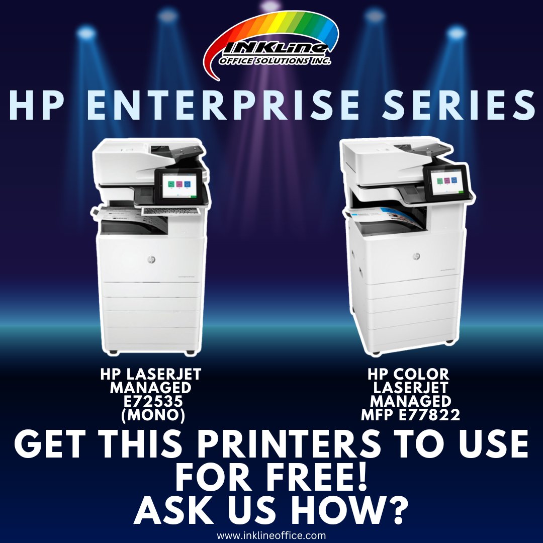 InklineOffice's tweet image. Meet our latest HP additions: the E72535 (monochrome) and E77822 (color) printers, joining our fantastic HP E-series lineup!
Better printing, smarter office. Ask us how! 👇
#InklineOfficeSolutions #HPPrinters #OfficeTech #printsolutions