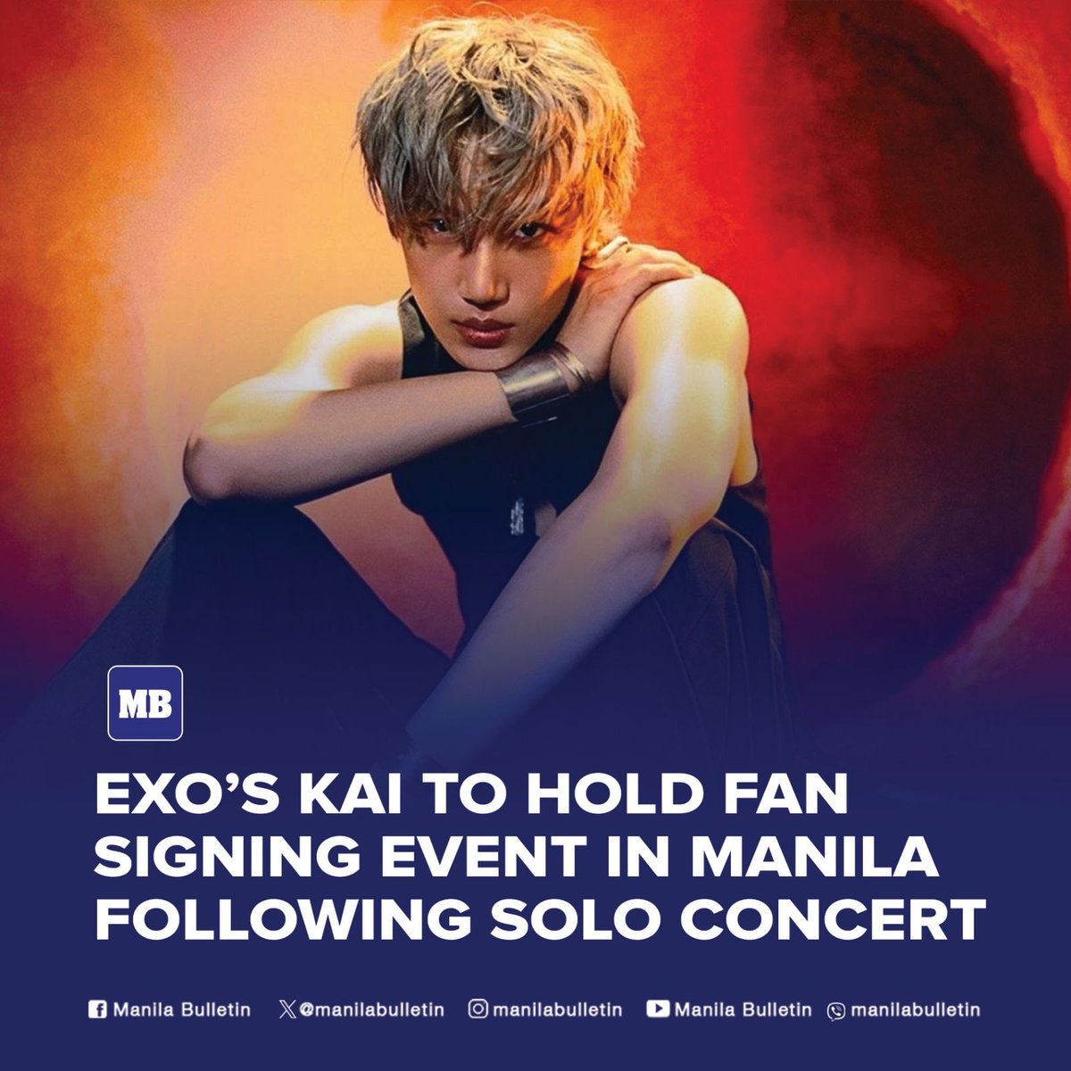 Kai, a member of K-pop boy band EXO, will be holding a fan signing event in Manila following his concert. 

He will hold his solo concert “Kaion” in Manila on July 27 at the Araneta Coliseum. 

READ: mb.com.ph/2025/05/16/exo…