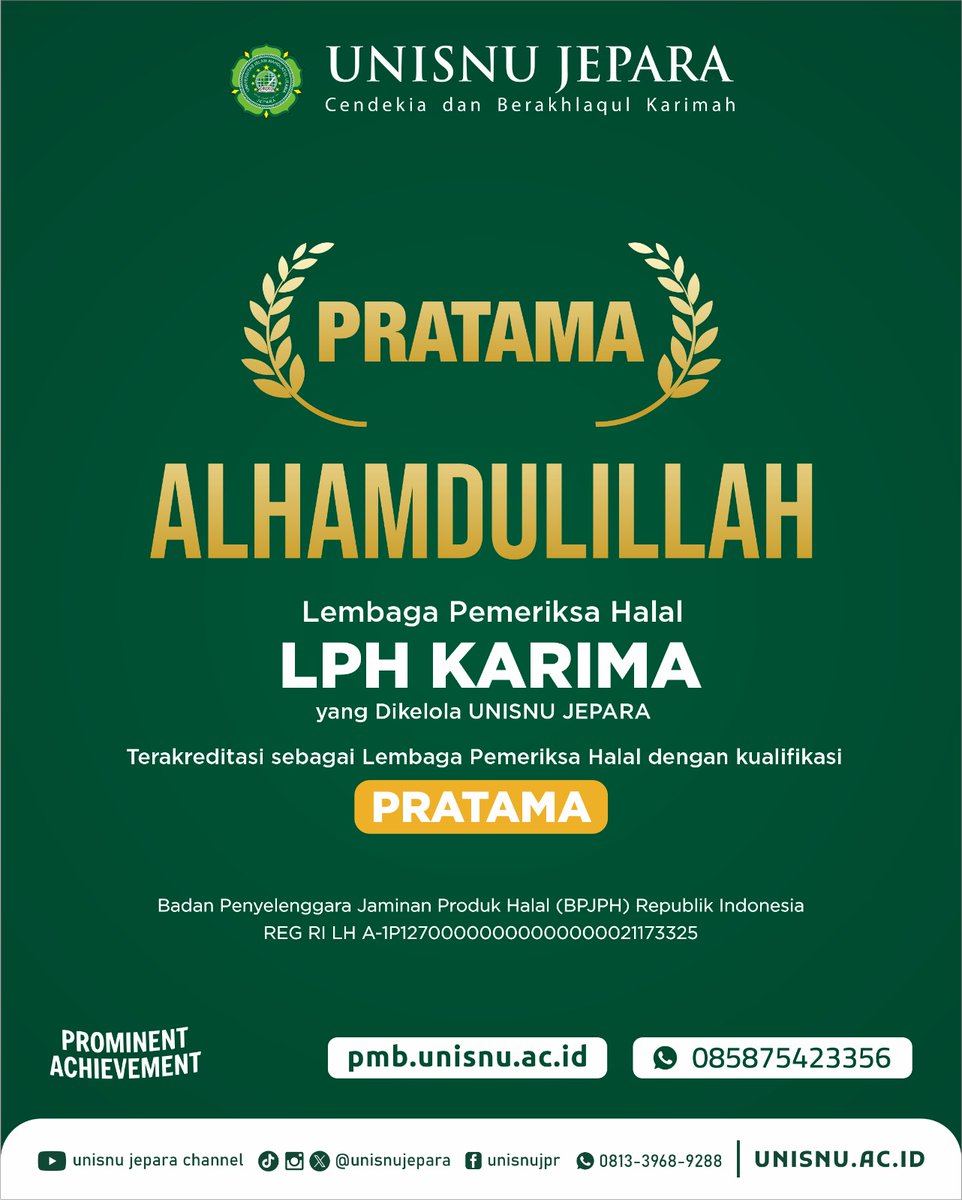 Alhamdulillah! 🤲 Puji syukur kehadirat Allah SWT atas terbitnya izin operasional Lembaga Pemeriksa Halal (LPH) Karima di bidang sertifikasi halal. Semoga kehadiran kami membawa keberkahan dan kemudahan bagi umat. #LPHKarima #SertifikasiHalal #IndonesiaHalal #UnisnuJepara