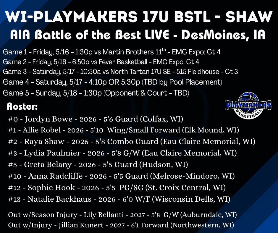 WI Playmakers 17U BSTL & 17U BSSL (@playmkrs17u) on Twitter photo 🚨May LIVE ➡️ DesMoines, IA for AIA’s Battle of the Best
<a href="/nat_backhaus/">natalie backhaus</a>
<a href="/allierobel_26/">Allie Robel</a> <a href="/ShawRaya/">Raya Shaw</a> <a href="/gretabelany5/">Greta Belany</a> <a href="/sophiehookk/">Sophie Hook</a> <a href="/annaradcliffe06/">Anna Radcliffe</a> <a href="/lydiapaulmier1/">Lydia Paulmier</a> <a href="/jordyn_bowe/">Jordyn Bowe</a>
<a href="/Shaw_Playmakers/">Coach Aaron</a> <a href="/playmkrsgirls/">Wisconsin Playmakers</a> <a href="/Coach_Peplinski/">Coach Pep</a> 🚨May LIVE ➡️ DesMoines, IA for AIA’s Battle of the Best
<a href="/nat_backhaus/">natalie backhaus</a>
<a href="/allierobel_26/">Allie Robel</a> <a href="/ShawRaya/">Raya Shaw</a> <a href="/gretabelany5/">Greta Belany</a> <a href="/sophiehookk/">Sophie Hook</a> <a href="/annaradcliffe06/">Anna Radcliffe</a> <a href="/lydiapaulmier1/">Lydia Paulmier</a> <a href="/jordyn_bowe/">Jordyn Bowe</a>
<a href="/Shaw_Playmakers/">Coach Aaron</a> <a href="/playmkrsgirls/">Wisconsin Playmakers</a> <a href="/Coach_Peplinski/">Coach Pep</a>