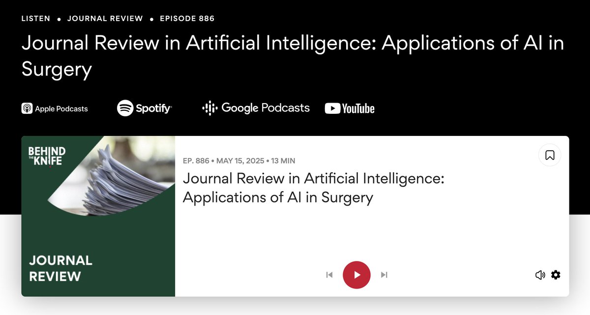 BehindTheKnife (@behindtheknife) on Twitter photo 🤖 NEW ARTIFICIAL INTELLIGENCE EPISODE 🤖
➡️ Applications of AI in surgery
🎧app.behindtheknife.org/podcast/journa…🎧
<a href="/Ruchi_TJ/">Ruchi Thanawala</a> <a href="/MarisaSewell/">Marisa Sewell MD</a> <a href="/DukeSurgery/">Duke Surgery</a> <a href="/DukeSurgRes/">Duke General Surgery Residency</a> <a href="/OHSUSurgData/">OHSU Surgical Data & Decision Sciences Lab</a> <a href="/OHSUNews/">OHSU News</a> 🤖 NEW ARTIFICIAL INTELLIGENCE EPISODE 🤖
➡️ Applications of AI in surgery
🎧app.behindtheknife.org/podcast/journa…🎧
<a href="/Ruchi_TJ/">Ruchi Thanawala</a> <a href="/MarisaSewell/">Marisa Sewell MD</a> <a href="/DukeSurgery/">Duke Surgery</a> <a href="/DukeSurgRes/">Duke General Surgery Residency</a> <a href="/OHSUSurgData/">OHSU Surgical Data & Decision Sciences Lab</a> <a href="/OHSUNews/">OHSU News</a>