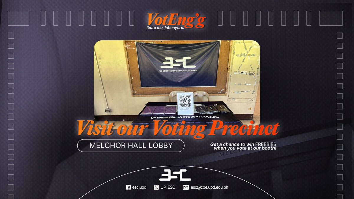 [VOTENG'G: F2F PRECINCTS]

The USC and ESC Elections is ongoing and its voting channel is still open which can be accessed through halalan.upd.edu.ph (log in using your UP mail).

Get a chance to win FREEBIES when you vote at our booth! Catch us here now!

#VotEngg
#ESC2425