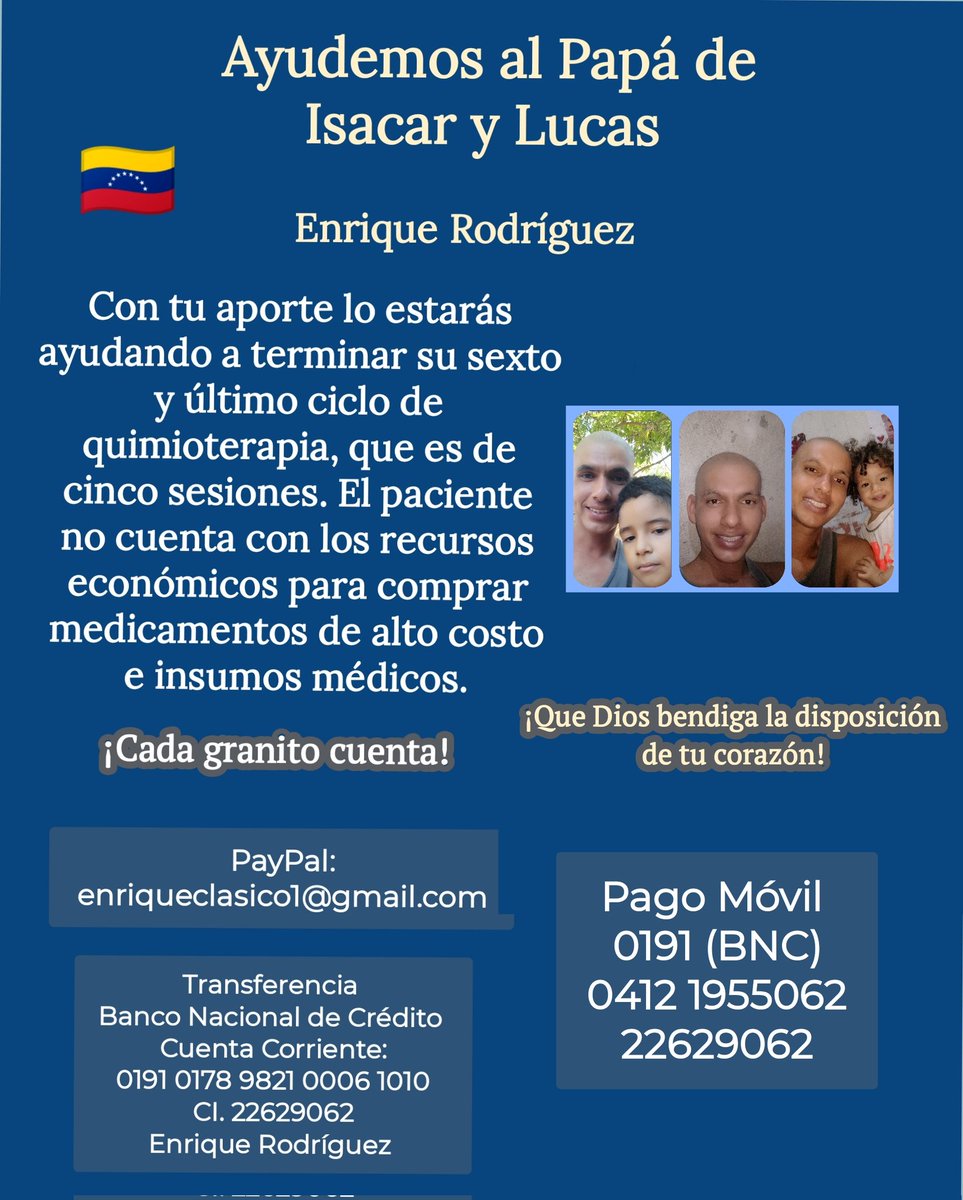 EnriqueClasico's tweet photo. Hola, por favor, ayúdame a difundir. Es con el propósito de recaudar fondos para poder culminar mi tratamiento de quimioterapia. Gracias por el apoyo.

Gofundme: https://t.co/PEWby97EnU https://t.co/mwtH5vFgmN