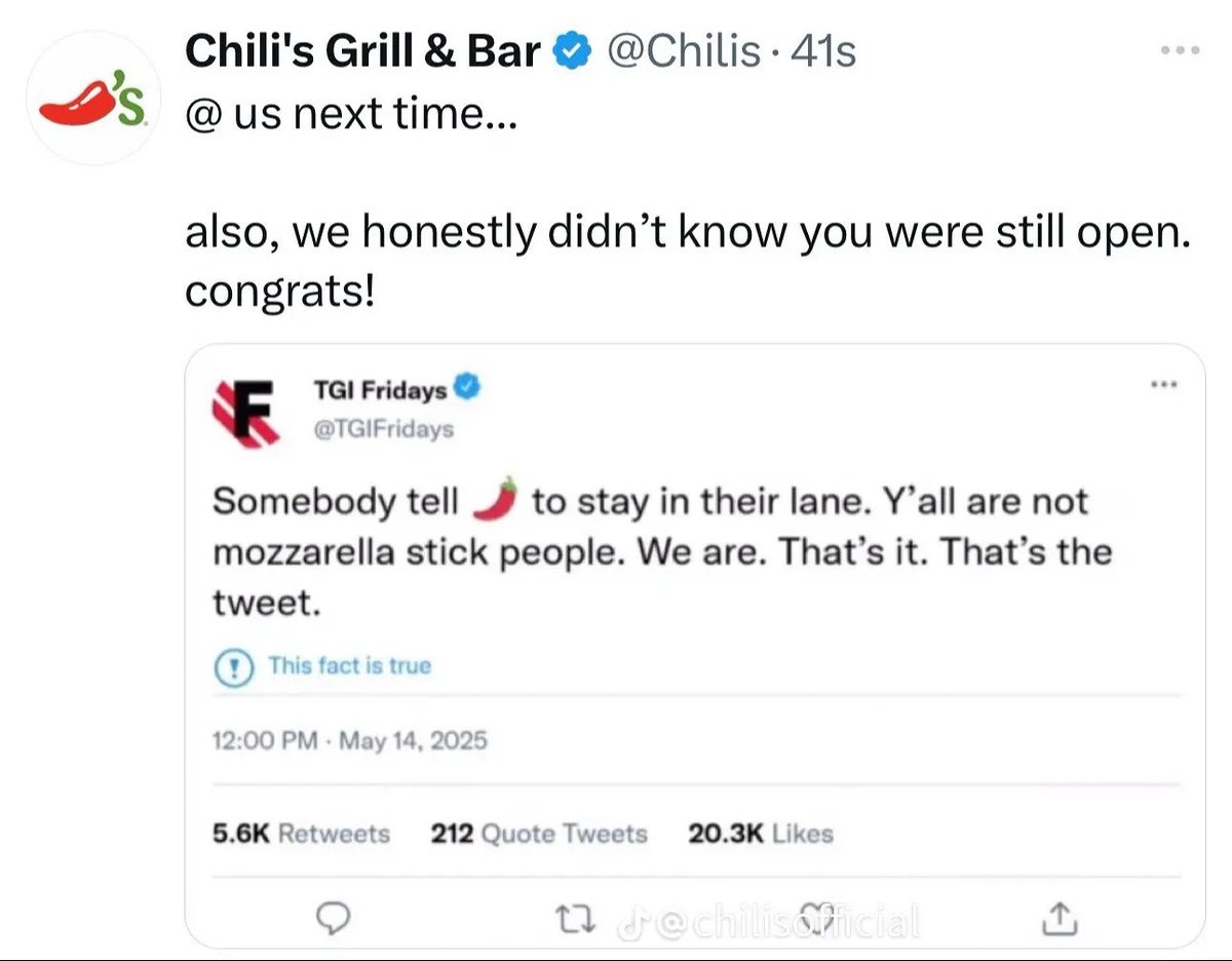shChilihead07's tweet photo. I’m dead @Chilis 💀💀💀… also TGI Fridays is still a thing? https://t.co/GAU9G3soKa