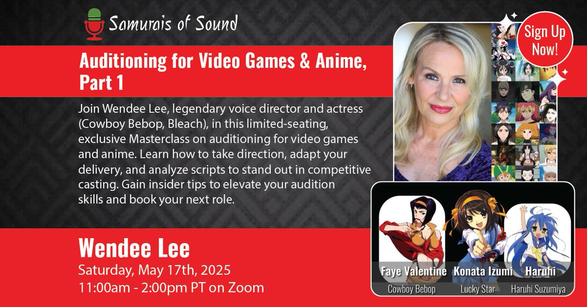 🎙️ Train with anime voice acting legend Wendee Lee — the voice of Faye Valentine (Cowboy Bebop), Haruhi, and Konata!

🎮 Masterclass: Auditioning for Video Games &amp; Anime
📅 May 17 | ⏰ 11am–2pm PT | 📍 Zoom

🔗members.strawberryhillstudio.online/offers/TAGTjyA…