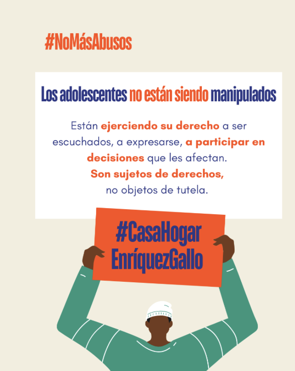 Cedhu's tweet photo. Los adolescentes del #CasaHogarEnríquezGallo no están siendo manipulados. Están ejerciendo su derecho a ser escuchados, a expresarse, a participar en decisiones que les afectan. Son sujetos de derechos, no objetos de tutela. #NoMásAbusos

@ComisionNinezAN @InclusionEc @DEFENSORIAEC @FiscaliaEcuador @haburbano @Van3_vv4