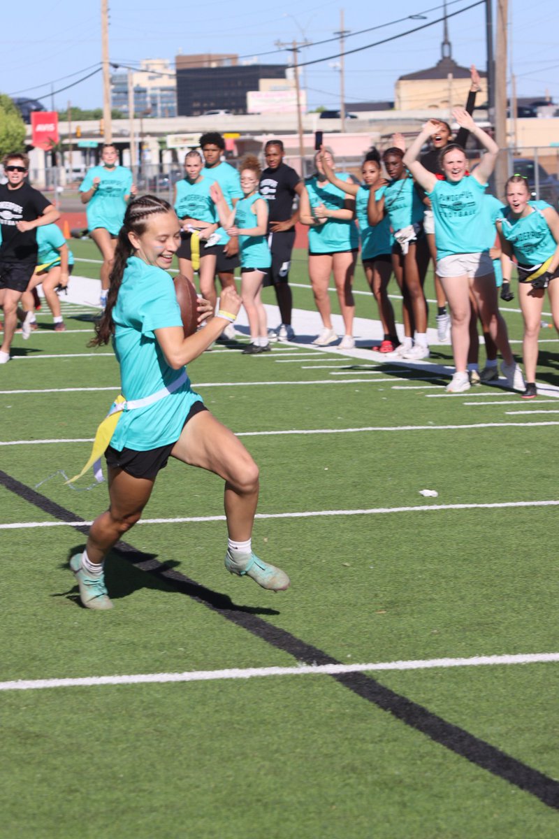 TabsFowler2026's tweet photo. Powderpuff game was a success! Scored a touchdown and helped the junior team beat the seniors 26-25! Fun to figure out how to use my hands instead of just my feet! 😅 @THSRebels @TascosaSoccer https://t.co/c11bTHdwLj