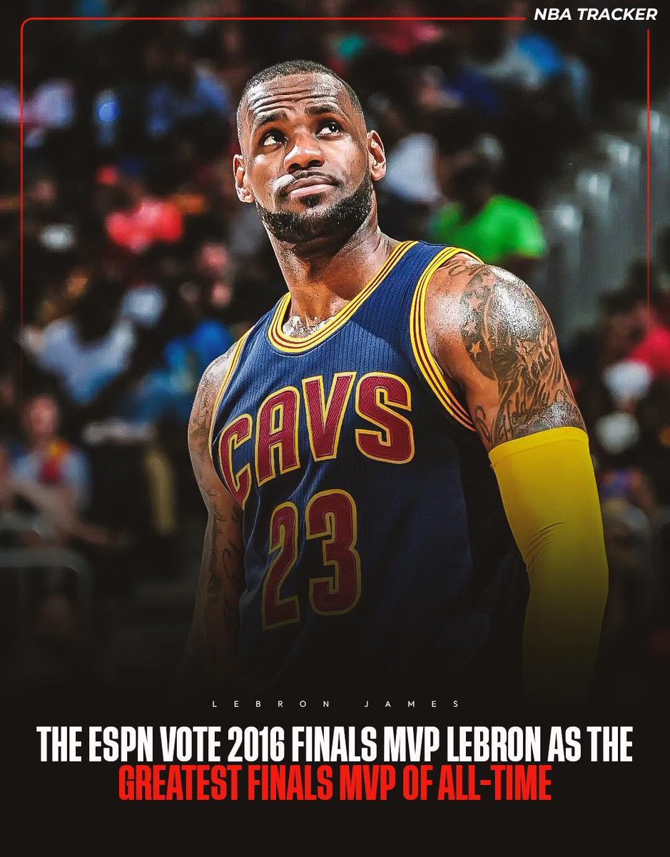 The ESPN vote 2016 Finals MVP LeBron as the GREATEST FINALS MVP OF ALL-TIME and heres why: 

2016 LeBron James is the FIRST PLAYER in Finals history to lead all 5 major stats. 🔥

♦️1st in Points
♦️ 1st in Assists
♦️1st in Rebounds
♦️ 1st in Steals
♦️1st in Blocks