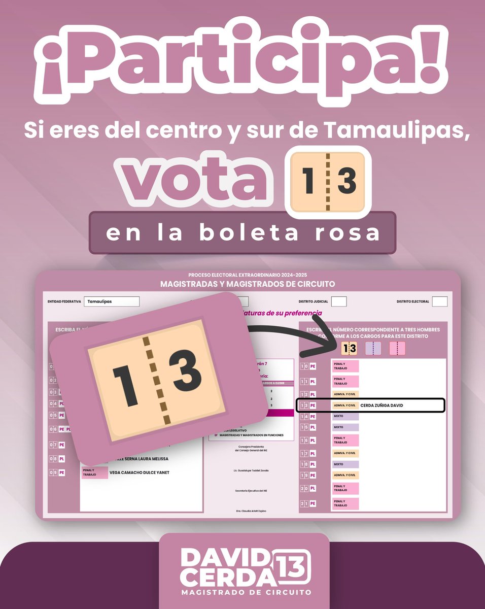 David_Cerda19's tweet photo. Tamaulipas será referente en participación ciudadana este 1º de junio, cuando todas y todos salgamos a votar por nuestros magistrados, ministros y jueces del Poder Judicial.
#MagistradoDeCircuito #Vota13
#Tamaulipas #BoletaRosa #ReformaJudicial #Vota13 #DavidCerda https://t.co/SjIXVFJq8d