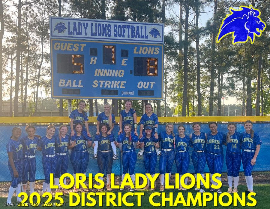 Lady Lions win District Championship, knocking off Waccamaw this evening at home.

-Pitchers Bellamie Gore &amp; Jessie Cartrette (5 Ks each)
-Kenzie McCoy (3 H, 3B) 
-Kaylee Gilbert (3 H, 2B) 
-Caitie Black (HR) 
-Peyton Cannon (2 H, 2B) 
-Haley Spence &amp; Jessie Cartrette (2 H each)