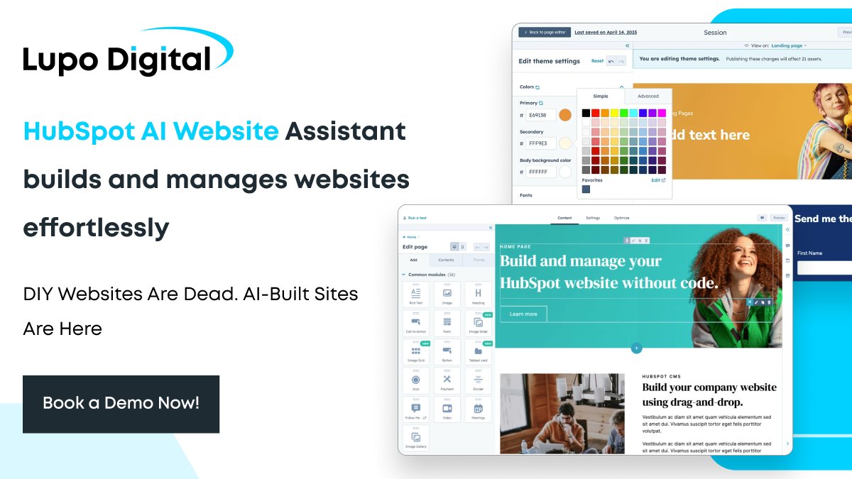 LupoDigital's tweet image. 🚧 Building a website: Time-consuming.
If DIY website-building makes you want to flip your desk, maybe it’s time to let AI do the heavy lifting.
👉 Try HubSpot Content Hub Today! hubs.li/Q03dCjgn0
#WebsiteBuilding #AIAssistance #HubSpotCMS